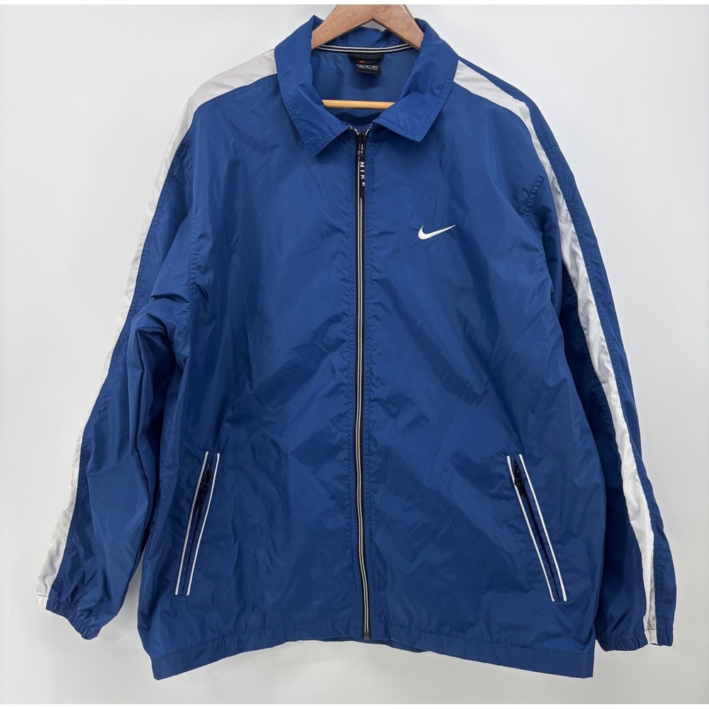Vintage 90s Nike Windbreaker Men's Large Full Zip Navy Blue White Swoosh Logo